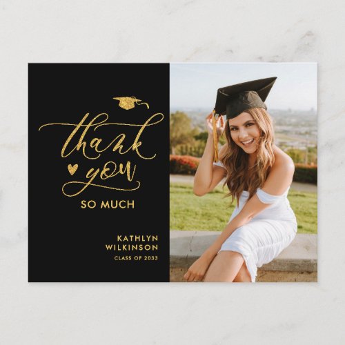 Gold Glitter Elegant Script Graduation Thank You Postcard