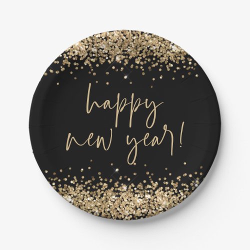 Gold Glitter Elegant Script Happy New Year Black Paper Plates