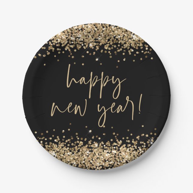 Gold Glitter Elegant Script Happy New Year Black Paper Plates (Front)