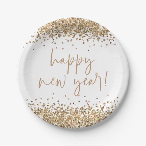 Gold Glitter Elegant Script Happy New Year White Paper Plates