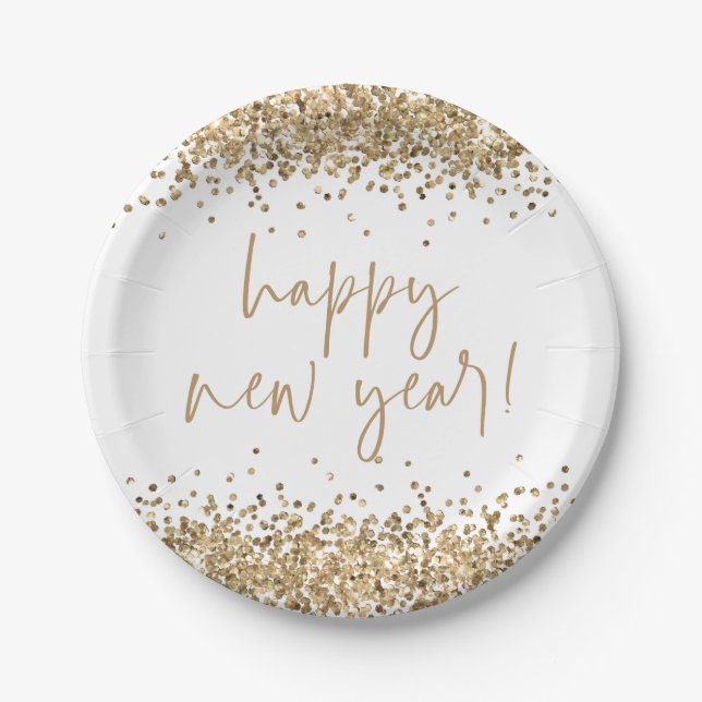 Gold Glitter Elegant Script Happy New Year White Paper Plates (Front)