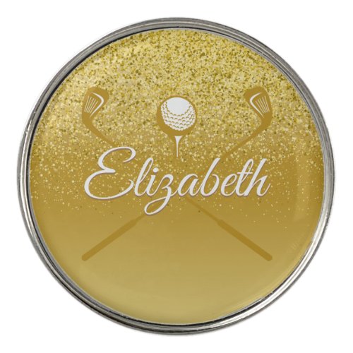 Gold Glitter Elegant Script Name Golf Ball Marker