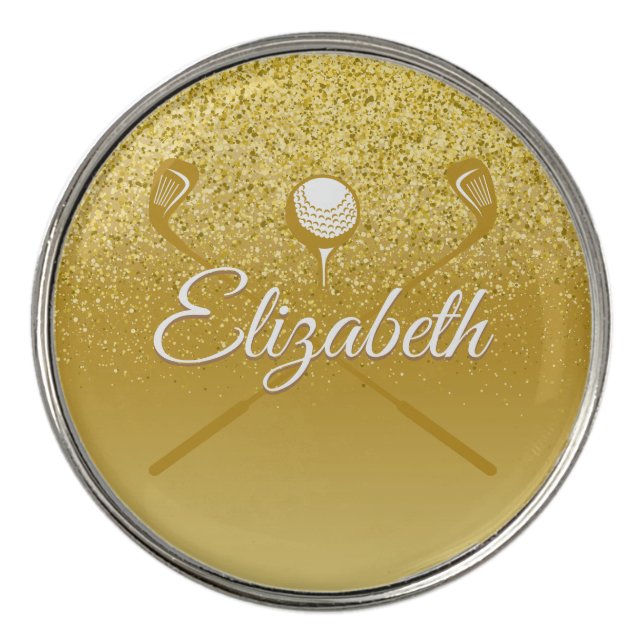 Gold Glitter Elegant Script Name Golf Ball Marker (Front)