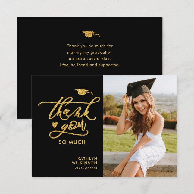 Gold Glitter Elegant Script Photo Graduation Thank You Card (Front/Back)