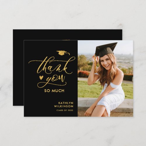 Gold Glitter Elegant Script Photo Graduation Thank You Card