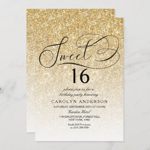 Gold Glitter Elegant Script Sweet 16 Birthday Invitation