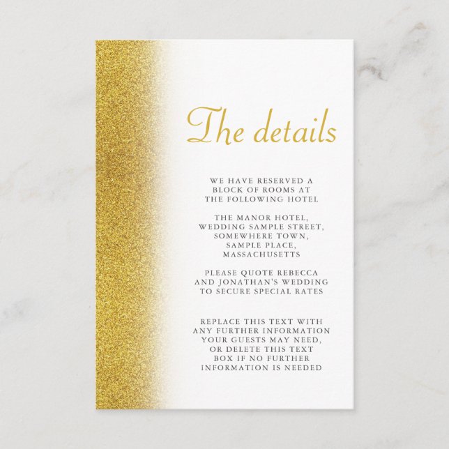 Gold Glitter Elegant Script Wedding Details Card (Front)