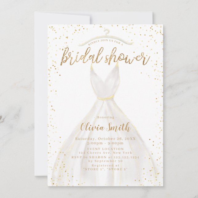 Gold Glitter Elegant Wedding Dress Bridal Shower Invitation (Front)