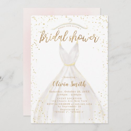 Gold Glitter Elegant Wedding Dress Bridal Shower Invitation