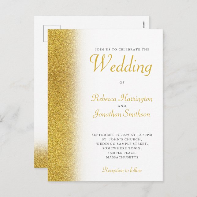 Gold Glitter Elegant Wedding Invitation Postcard (Front/Back)