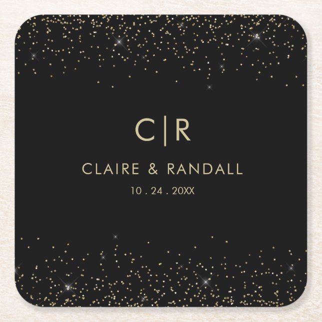 Gold Glitter Elegant Wedding Square Paper Coaster (Front)