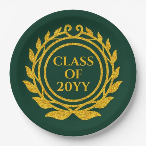 Gold Glitter Emblem Style Green Graduation Party Paper Plates