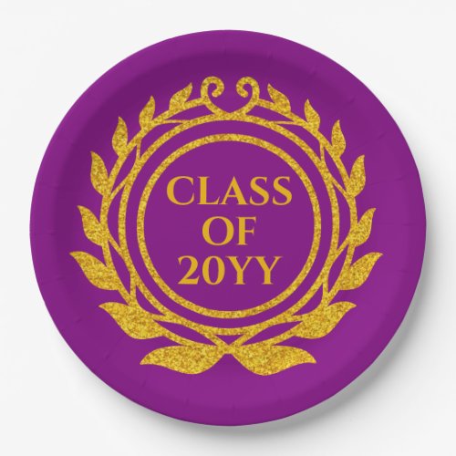 Gold Glitter Emblem Style Purple Graduation Party Paper Plates