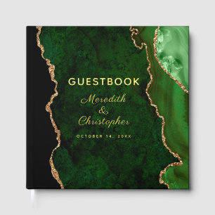 Gold Glitter Emerald Green Agate Wedding Gold Foil Guest Book
