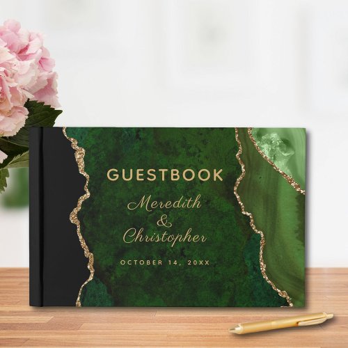 Gold Glitter Emerald Green Agate Wedding Guest Book