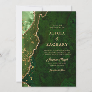 Gold Glitter Emerald Green Agate Wedding Invitation