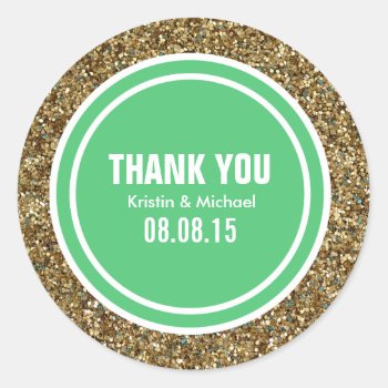 Gold Glitter Emerald Green Custom Thank You Label by Mintleafstudio at Zazzle
