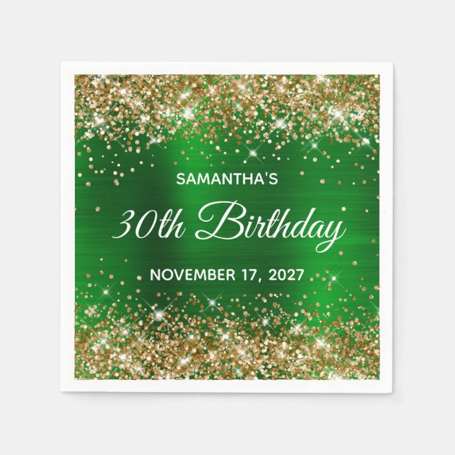 Gold Glitter Emerald Green Foil 30th Birthday Napkins (Front)