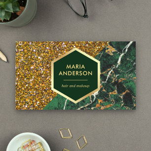 Gold Glitter Emerald Green Marble Makeup Artist Business Card