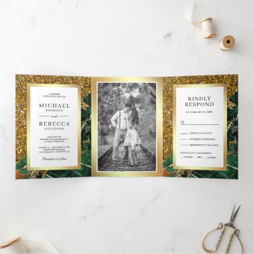 Gold Glitter Emerald Green Marble Photo Wedding Tri_Fold Invitation