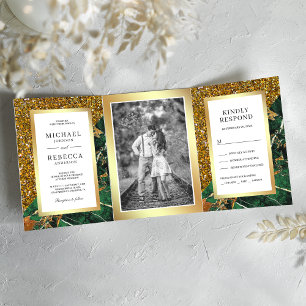 Gold Glitter Emerald Green Marble Photo Wedding Tri-Fold Invitation