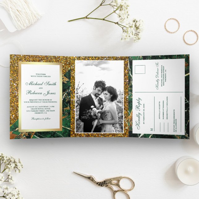 Gold Glitter Emerald Green Marble Photo Wedding Tri-Fold Invitation (Creator Uploaded)
