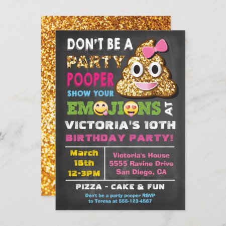 Gold Glitter Emoji Party Pooper Girl Birthay Invitation