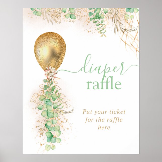 Gold Glitter Eucalyptus Balloon Diaper Raffle Poster (Front)