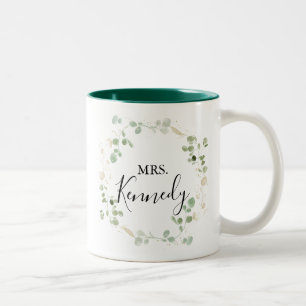 Gold Glitter Eucalyptus Foliage Mrs Newlywed Bride Two-Tone Coffee Mug