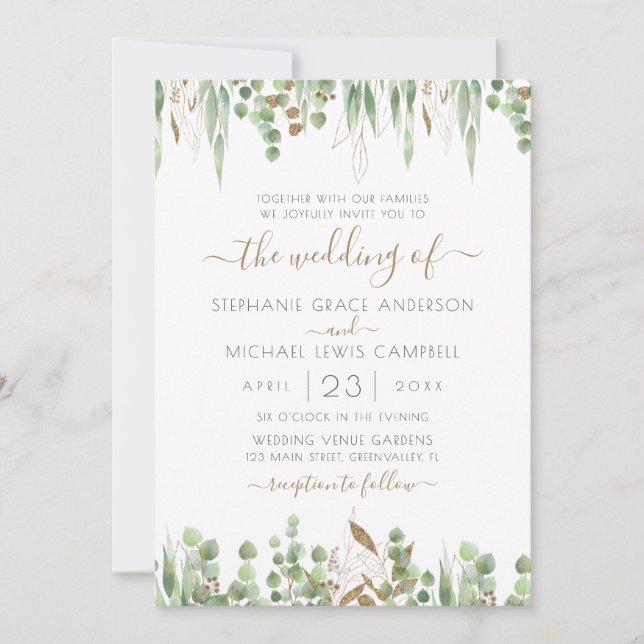 Gold Glitter Eucalyptus Greenery Wedding Invitation (Front)