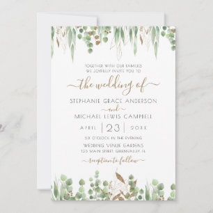 Gold Glitter Eucalyptus Greenery Wedding Invitation