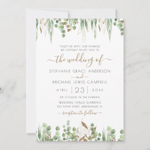 Gold Glitter Eucalyptus Greenery Wedding Invitation