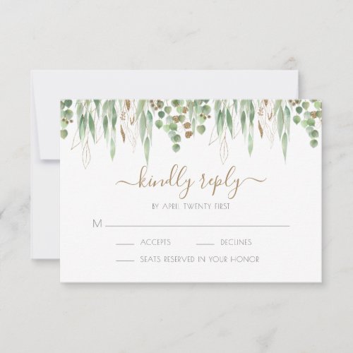 Gold Glitter Eucalyptus Greenery Wedding RSVP Card