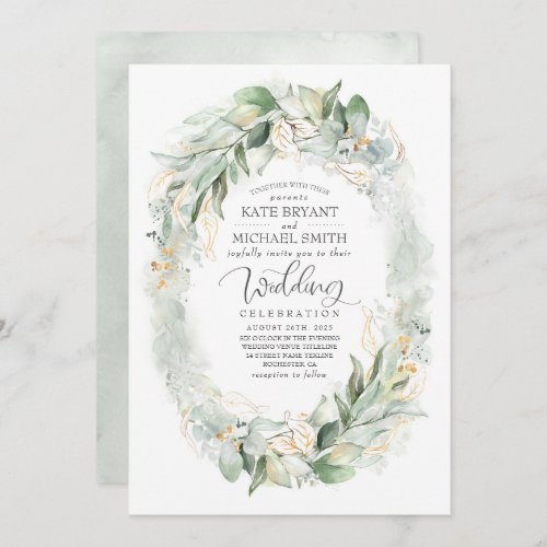 Gold Glitter Eucalyptus Greenery Wreath Wedding Invitation