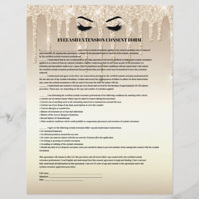 Gold Glitter EYELASH EXTENSION CONSENT FORM   Flyer (Front)