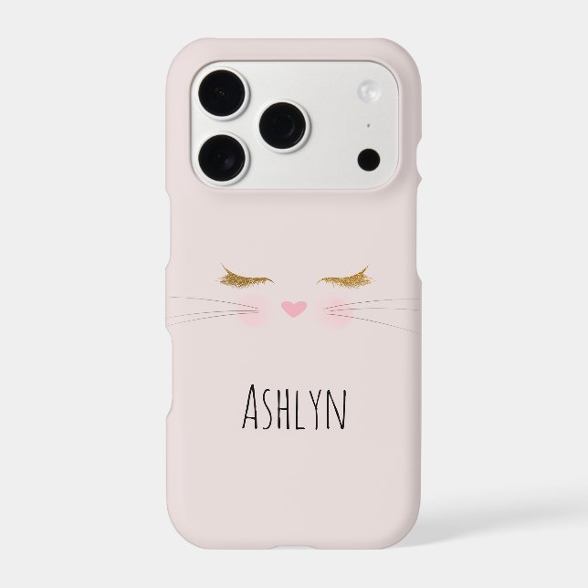 Gold Glitter Eyelashes Pink Nose Kitty Cat Face iPhone Case (Back)