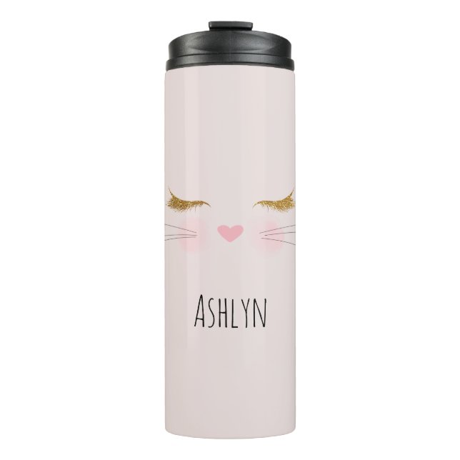 Gold Glitter Eyelashes Pink Nose Kitty Cat Face Thermal Tumbler (Front)