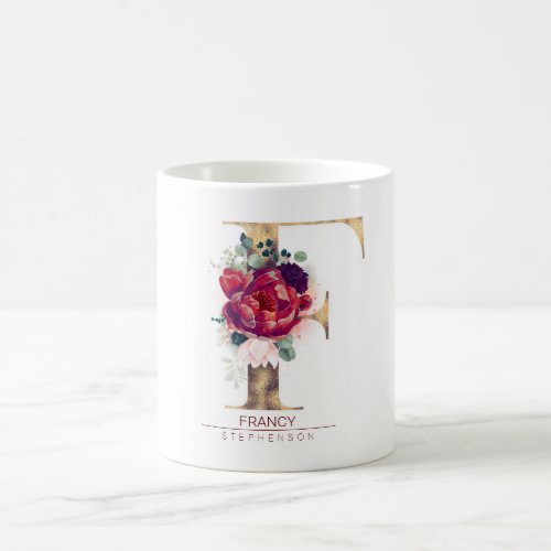Gold Glitter F Monogram Floral Burgundy Red Coffee Mug