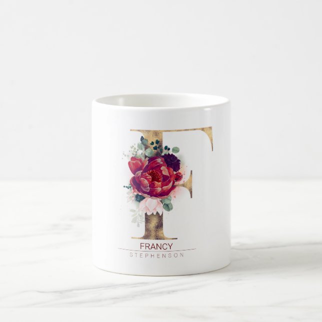 Gold Glitter F Monogram Floral Burgundy Red Coffee Mug (Center)