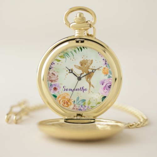Gold Glitter Fairy with Purple Watercolor Flowers Pocket Watch