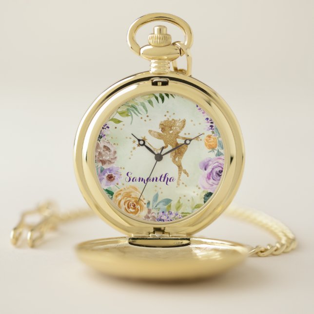 Gold Glitter Fairy with Purple Watercolor Flowers Pocket Watch (Inside)