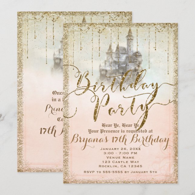 Gold Glitter Fairytale Storybook Castle Birthday Invitation (Front/Back)