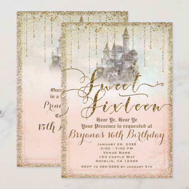 Gold Glitter Fairytale Storybook Castle Sweet 16 Invitation (Front/Back)