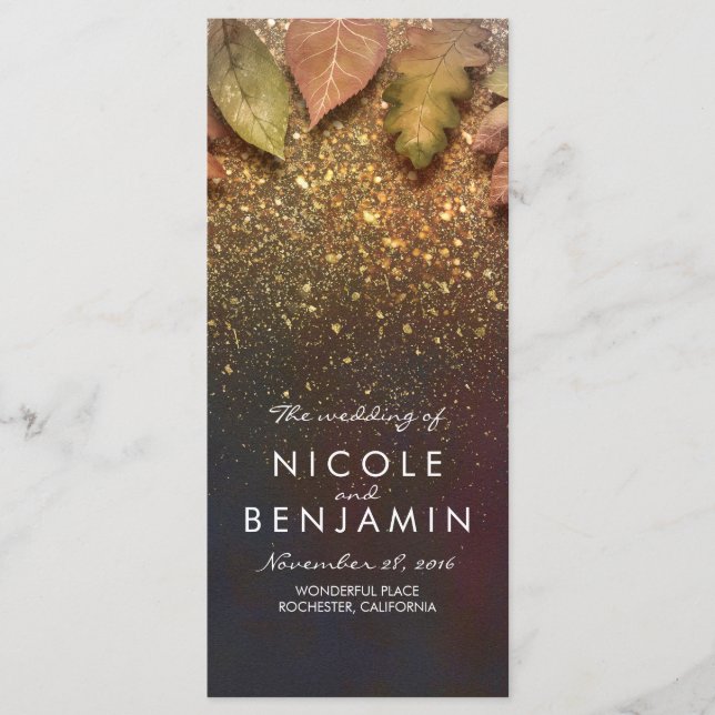 Gold Glitter Fall Leaves Vintage Wedding Programs (Front)