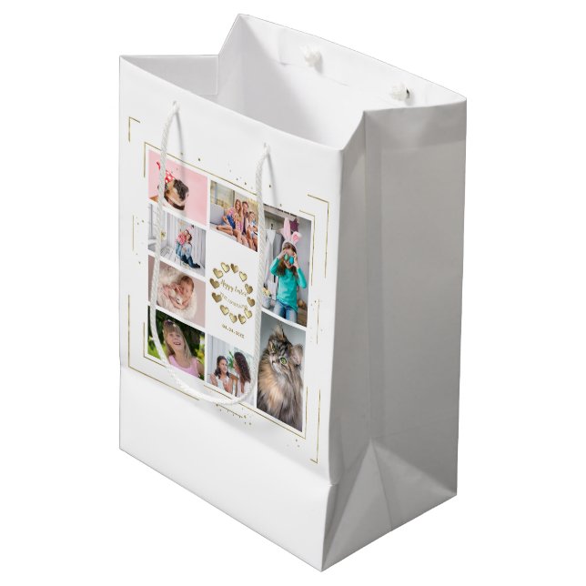Gold Glitter Family Photo Collage Happy Easter Medium Gift Bag (Front Angled)