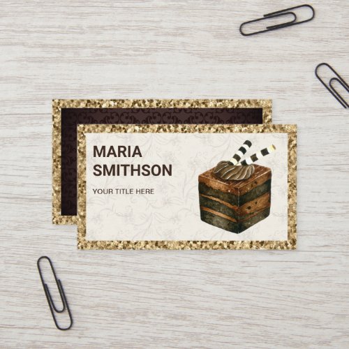 Gold Glitter Fancy Chocolate Cake Pastry Bakery Business Card