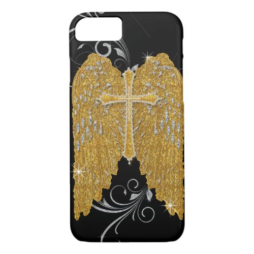 Gold Glitter Faux Angels Wings w Cross Jewels iPhone 87 Case