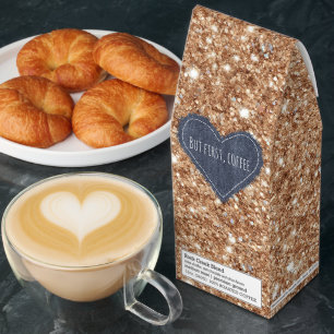 Gold Glitter Faux Denim Blue Heart First Coffee