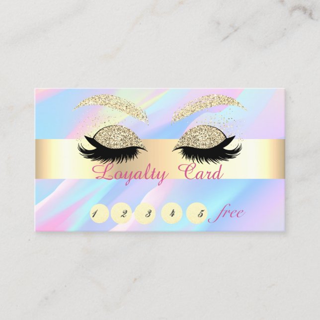 Gold Glitter Faux Lashes Abstract Holographic Loyalty Card (Front)