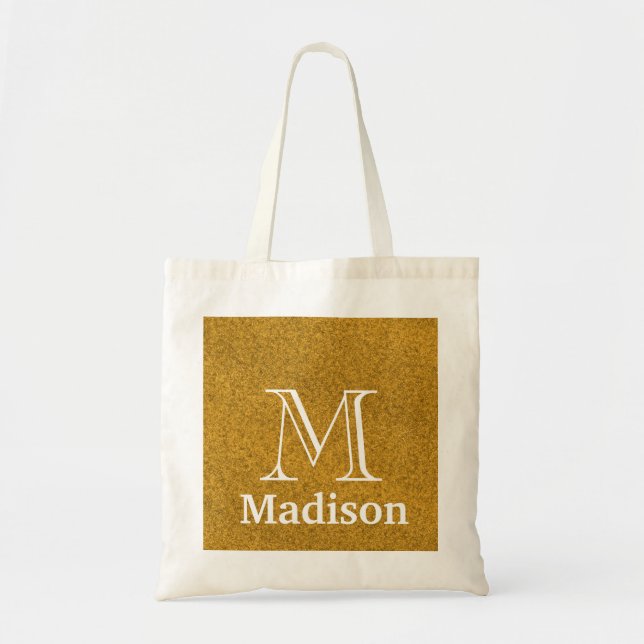 Gold glitter faux personalized monogram tote bag (Front)